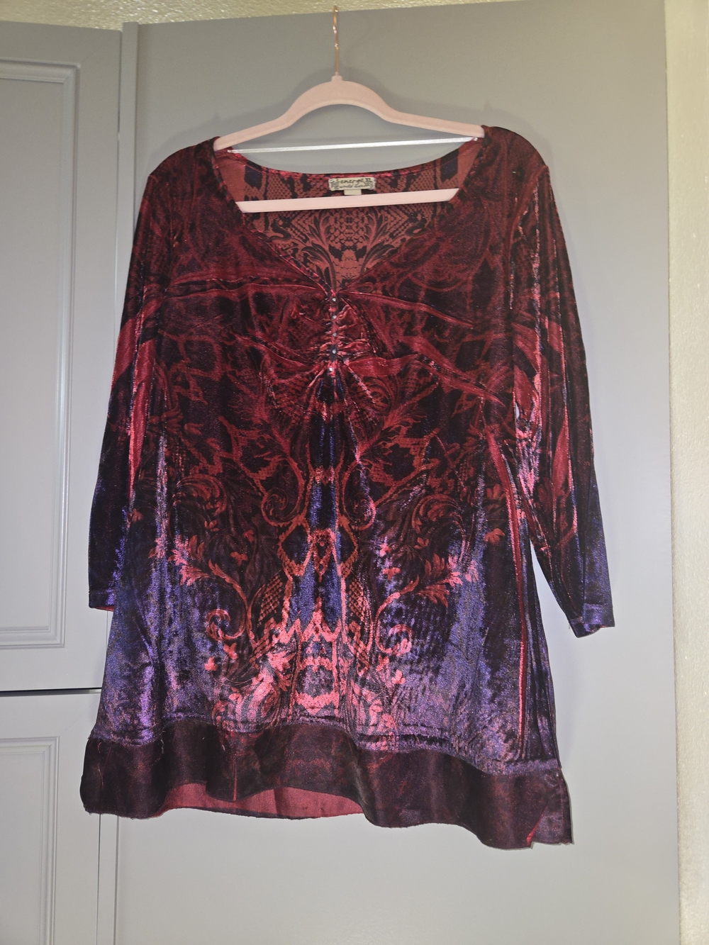 Energie Red and Purple Velvet Patterned Tunic Top